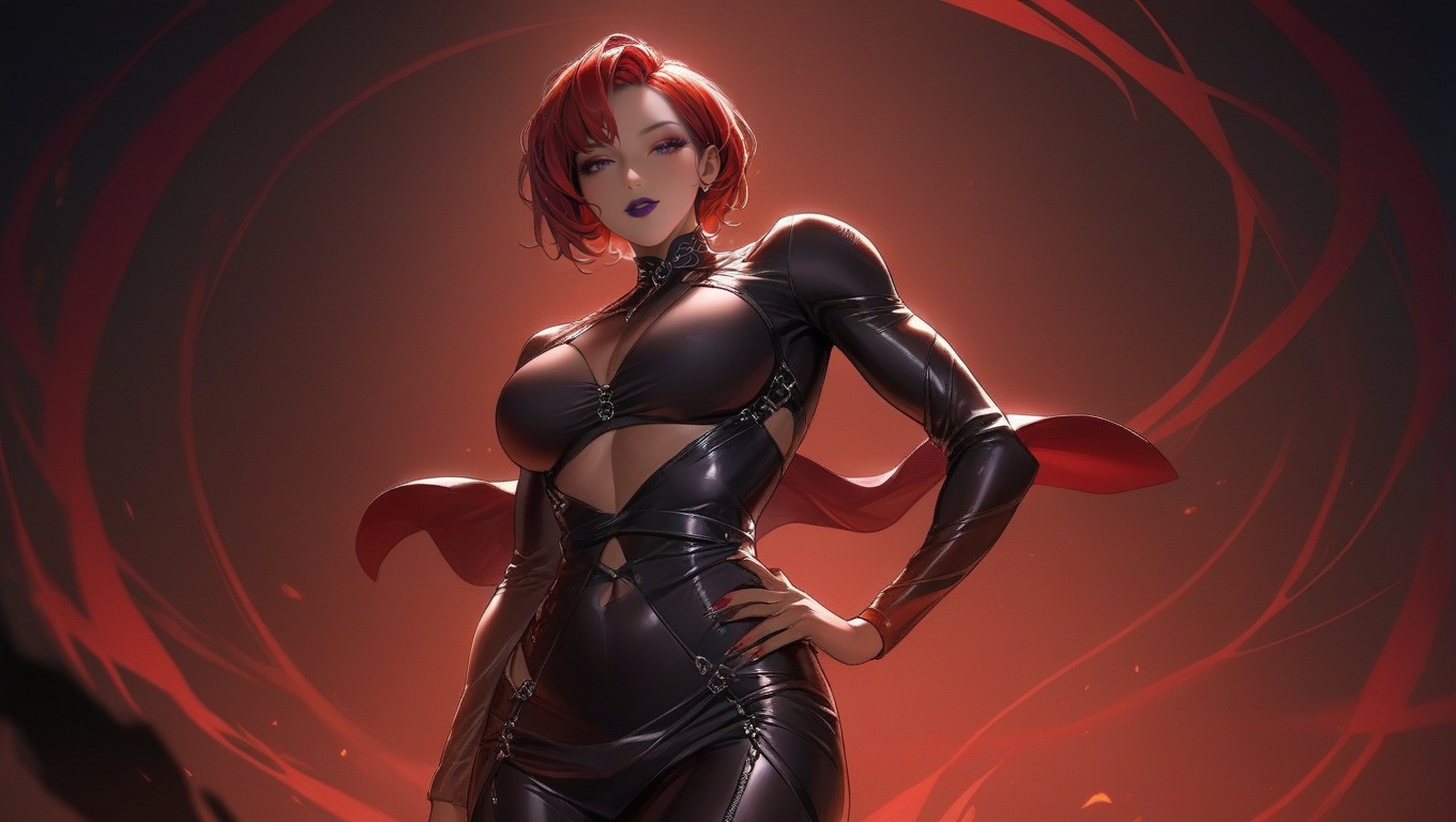A confident and alluring 30-year-old woman with striking red hair,  a curvy figure,  and an intimidating on Tensor.Art