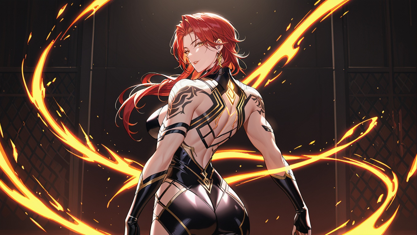 "A majestic woman,  a masterful fusion of muscle and beauty,  stands confidently with her muscular back on full display. A...