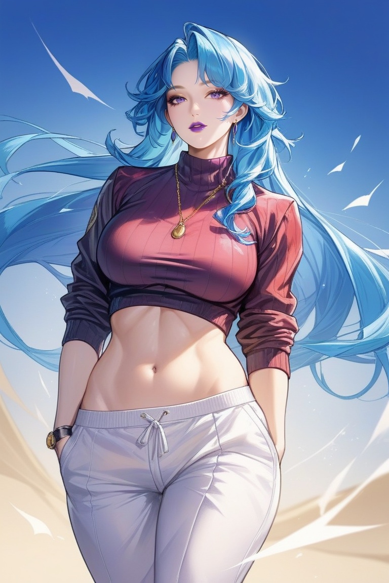 A confident and alluring 30-year-old woman with striking blue eyeliner,  a curvy figure,  ABS on Tensor.Art