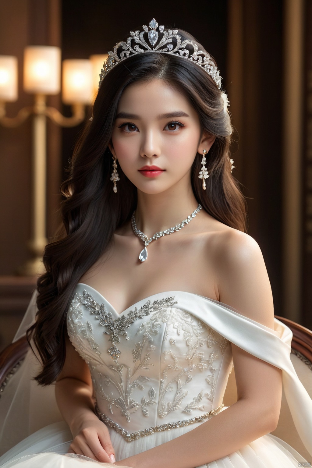 风格;masterpiece,bestquality,8k,4k,Filmtexture,
人物;1girl,solo,blackhair,long_hair,brown_eyes,lips,collarbone,breasts,bareshoulders,
服饰;dress, jewelry,earrings,white dress, strapless,tiara,straplessdress,weddingdress,
动作;sitting,
场景; dusky,indoors, chair,,