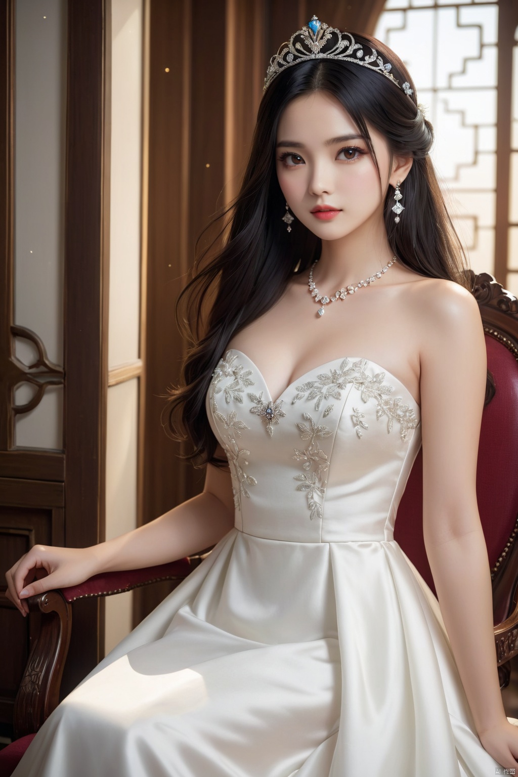 风格;masterpiece,bestquality,8k,4k,Filmtexture,
人物;1girl,solo,blackhair,long_hair,brown_eyes,lips,collarbone,breasts,bareshoulders,
服饰;dress, jewelry,earrings,white dress, strapless,tiara,straplessdress,weddingdress,
动作;sitting,
场景; dusky,indoors, chair,,