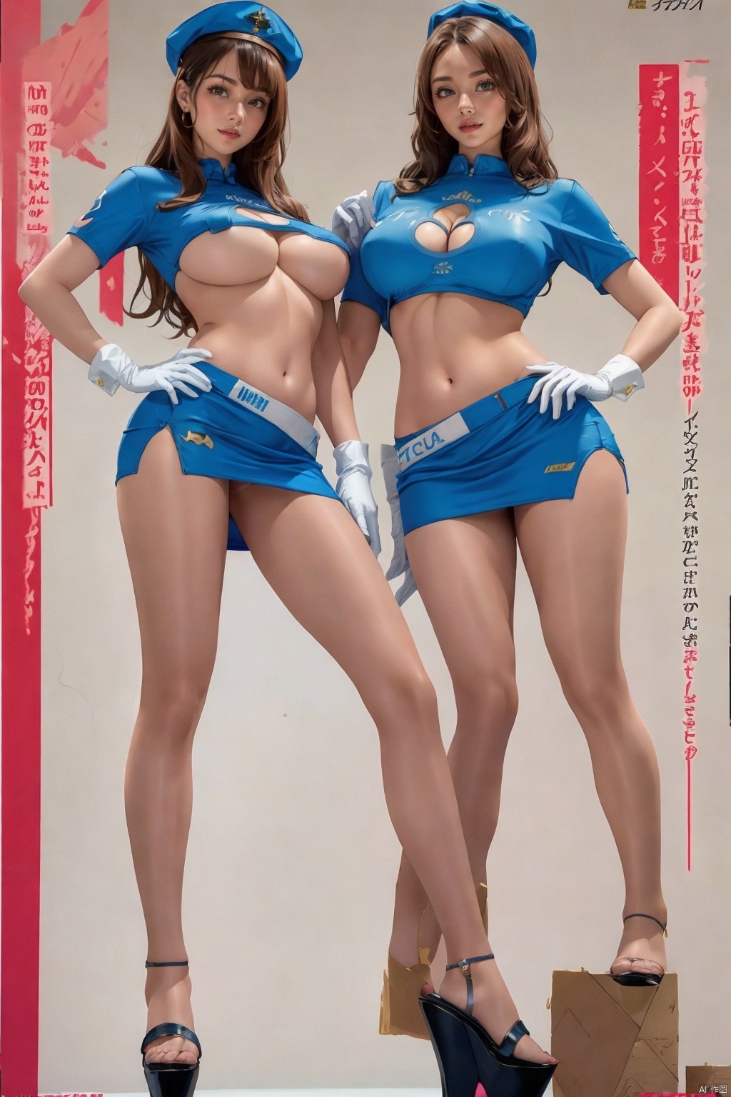  ultra high res, photo, 4k, absurdres, (incredible absurdity), ((masterpiece, best quality)), (wallpaper), (8k hd), ((full body picture)), ((gigantic breasts)), , , tall girl:1.4, ,multiple girls, 3girls, skirt, high heels, gloves, hat, standing, white gloves, long hair, clothing cutout, breasts, midriff, looking at viewer, brown hair, cleavage cutout, blue skirt, smile, miniskirt, full body, bangs, navel, hand on hip, brown eyes, crop top, short sleeves, blue shirt, legs, platform footwear, lips, blue headwear, wavy hair, contrapposto, cleavage, makeup, medium breasts, closed mouth, lipstick, shirt, logo, pencil skirt, side slit, jewelry, garrison cap, hand on own thigh, side-by-side, High heel and leotard and race queen, , Torpin_time perky pointy breasts