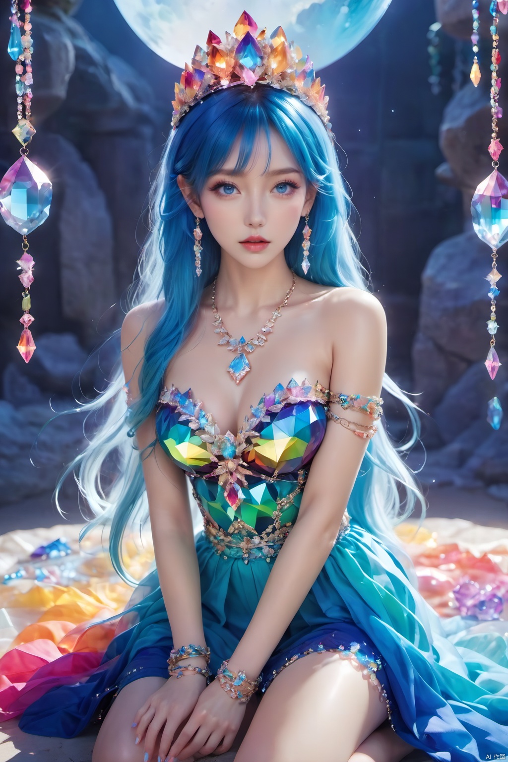 1girl,  Crystal ankle chains,  bare shoulders on Tensor.Art