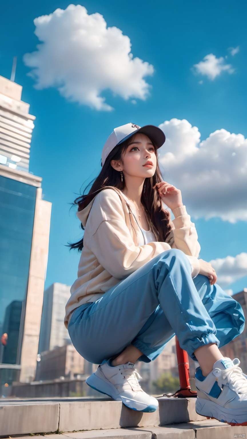  1girl,baseball cap,black hair,blue sky,blurry background,building,choker,city,cloud,cloudy sky,day,depth of field,earrings,Looking up,From below,from below,full body,Hoodies and pants,Sitting posture,hat,jacket,jewelry,lips,long hair,looking at viewer,motion blur,outdoors,shoes,sitting,sky,skyscraper,sneakers,solo,****,Shoes close to the camera, glow, hand
