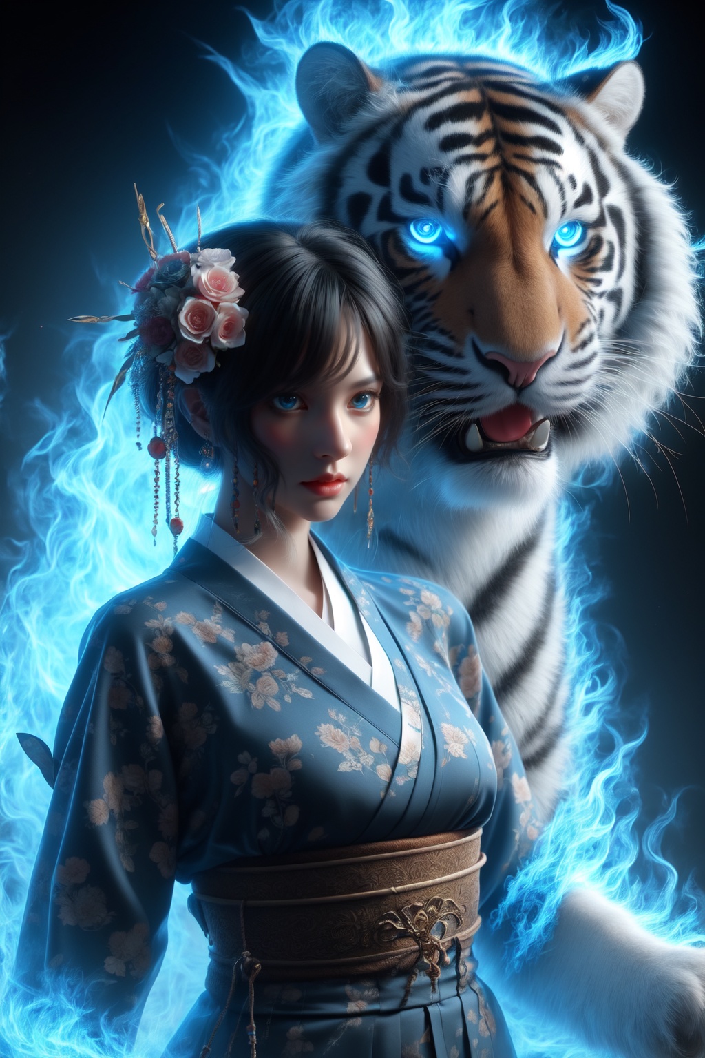 1girl, tiger, hair ornament, blue eyes, flower, hair flower, japanese clothes, glowing, kimono, white tiger, fire, glowing eyes, solo, black hair, blue fire, lips, jewelry, sash, earrings, animal, upper body <lora:kim_画虎_v1:1>