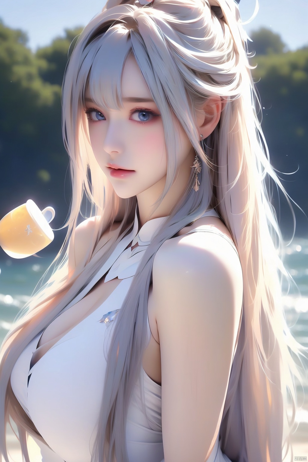 1girl, solo, long hair, breasts, bangs, blue eyes, hair ornament, dress, holding, bare shoulders, medium breasts, very long hair, white hair, sky, white dress, cup, copyright name, feet out of frame, star \(sky\), holding cup, starry sky