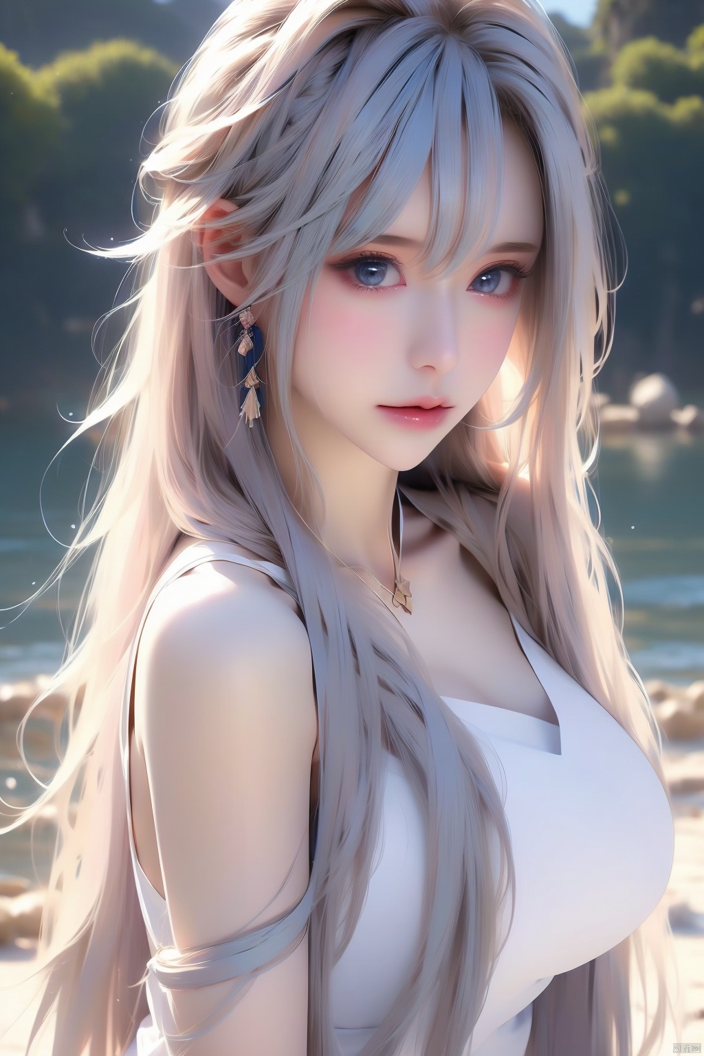1girl, solo, long hair, breasts, bangs, blue eyes, hair ornament, dress, holding, bare shoulders, medium breasts, very long hair, white hair, sky, white dress, cup, copyright name, feet out of frame, star \(sky\), holding cup, starry sky