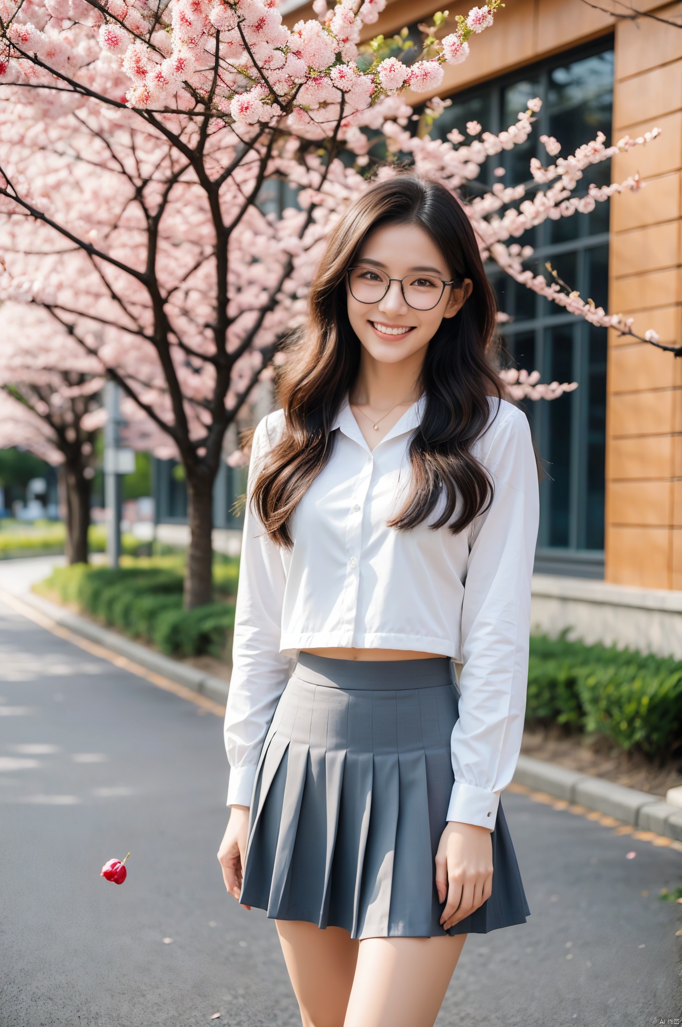 A Japanese schoolgirl wearing a JK uniform with short black hair, glasses, and a backpack, standing on a school road filled with cherry blossoms, surrounded by falling cherry blossom petals, the sunlight shining on her smiling face, looking very cute and youthful, full shot body photo of the most beautiful artwork in the world featuring JK girl with glasses standing in a school road full of cherry blossoms, smiling, youthful, black short hair, white and black uniform, nostalgia, heart professional majestic oil painting by Ed Blinkey, Atey Ghailan, Studio Ghibli, by Jeremy Mann, Greg Manchess, Antonio Moro, trending on ArtStation, trending on CGSociety, Intricate, High Detail, Sharp focus, dramatic, photorealistic painting art by midjourney and greg rutkowski.