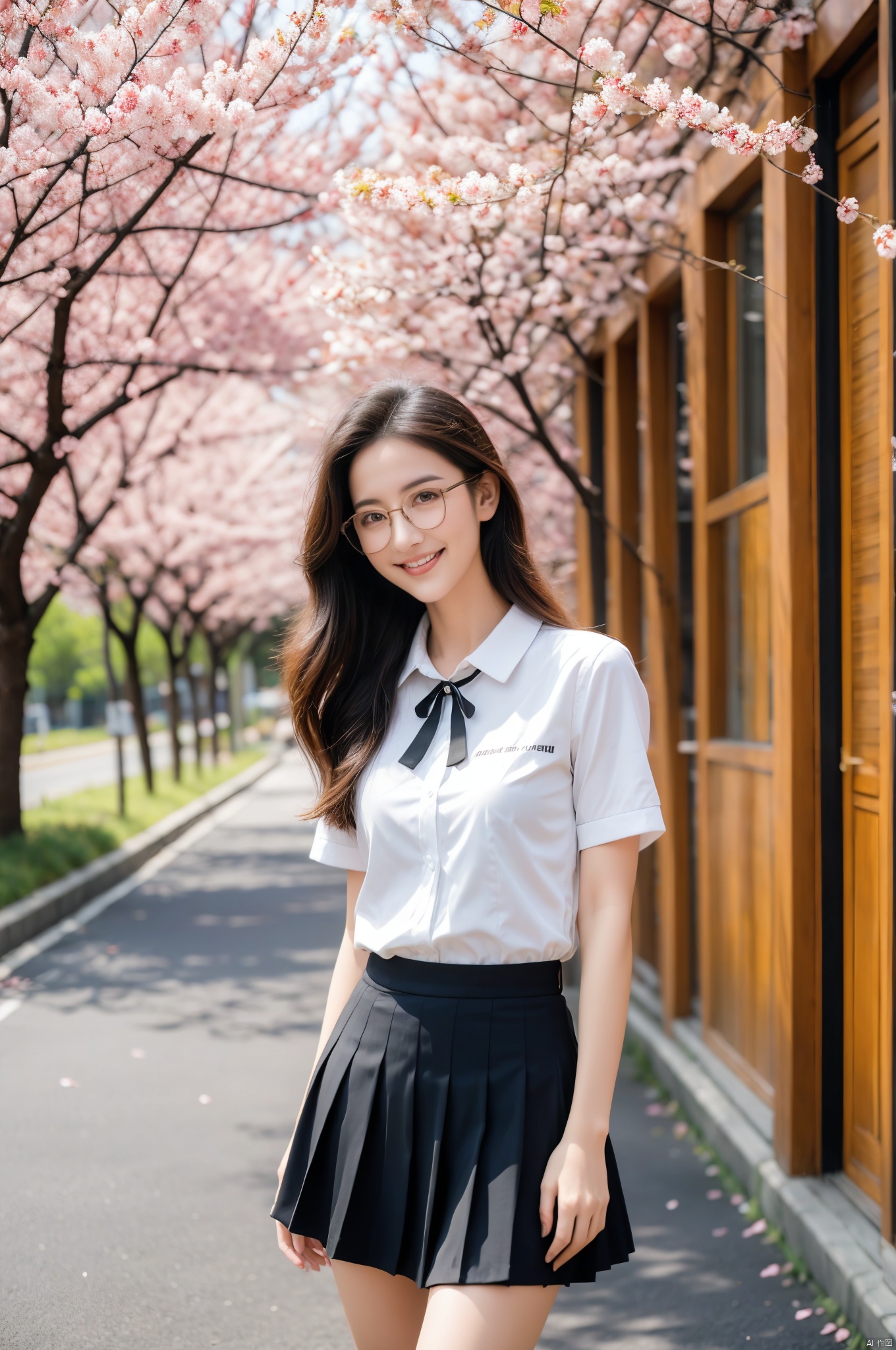 A Japanese schoolgirl wearing a JK uniform with short black hair, glasses, and a backpack, standing on a school road filled with cherry blossoms, surrounded by falling cherry blossom petals, the sunlight shining on her smiling face, looking very cute and youthful, full shot body photo of the most beautiful artwork in the world featuring JK girl with glasses standing in a school road full of cherry blossoms, smiling, youthful, black short hair, white and black uniform, nostalgia, heart professional majestic oil painting by Ed Blinkey, Atey Ghailan, Studio Ghibli, by Jeremy Mann, Greg Manchess, Antonio Moro, trending on ArtStation, trending on CGSociety, Intricate, High Detail, Sharp focus, dramatic, photorealistic painting art by midjourney and greg rutkowski.