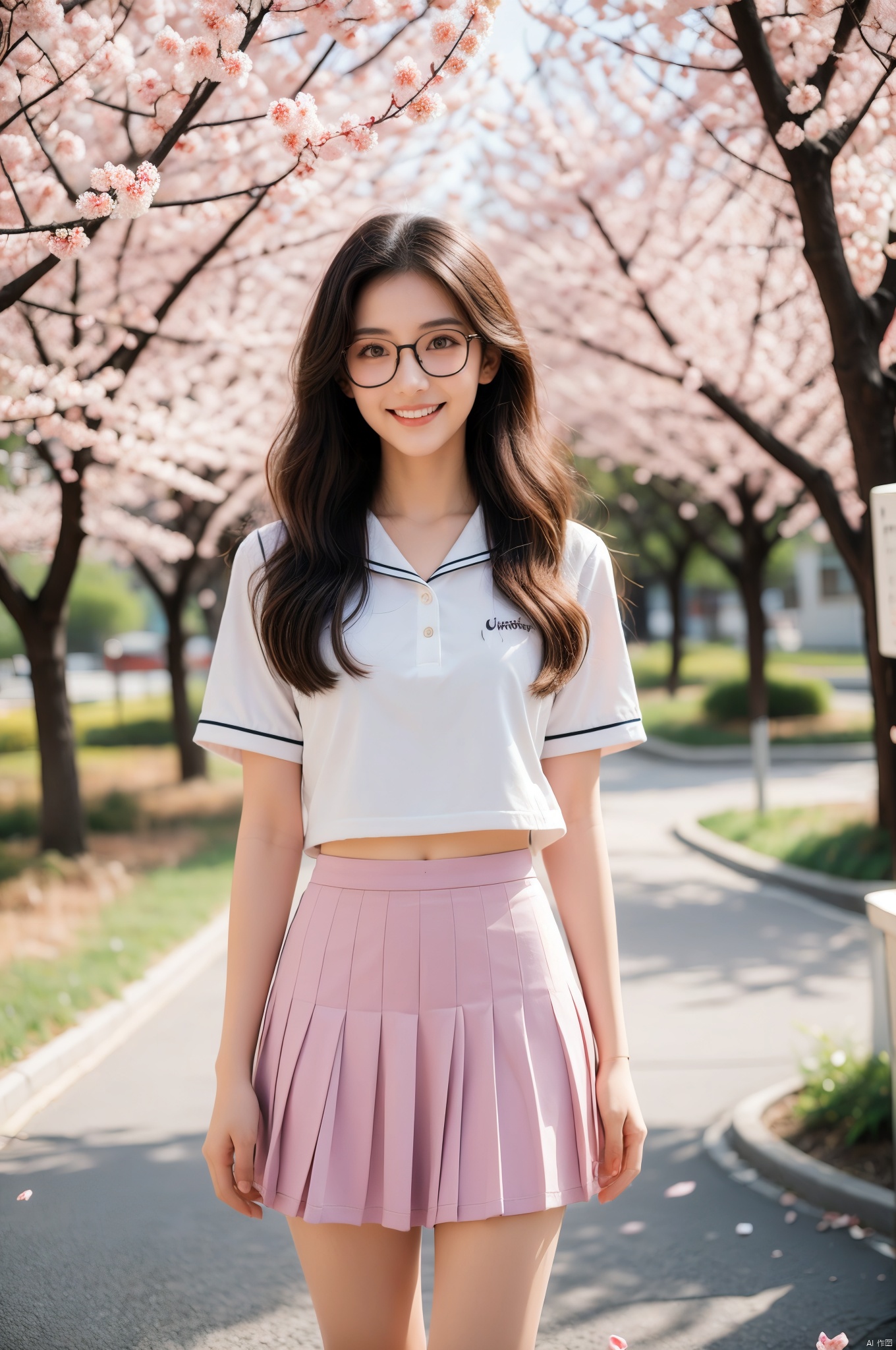 A Japanese schoolgirl wearing a JK uniform with short black hair, glasses, and a backpack, standing on a school road filled with cherry blossoms, surrounded by falling cherry blossom petals, the sunlight shining on her smiling face, looking very cute and youthful, full shot body photo of the most beautiful artwork in the world featuring JK girl with glasses standing in a school road full of cherry blossoms, smiling, youthful, black short hair, white and black uniform, nostalgia, heart professional majestic oil painting by Ed Blinkey, Atey Ghailan, Studio Ghibli, by Jeremy Mann, Greg Manchess, Antonio Moro, trending on ArtStation, trending on CGSociety, Intricate, High Detail, Sharp focus, dramatic, photorealistic painting art by midjourney and greg rutkowski.