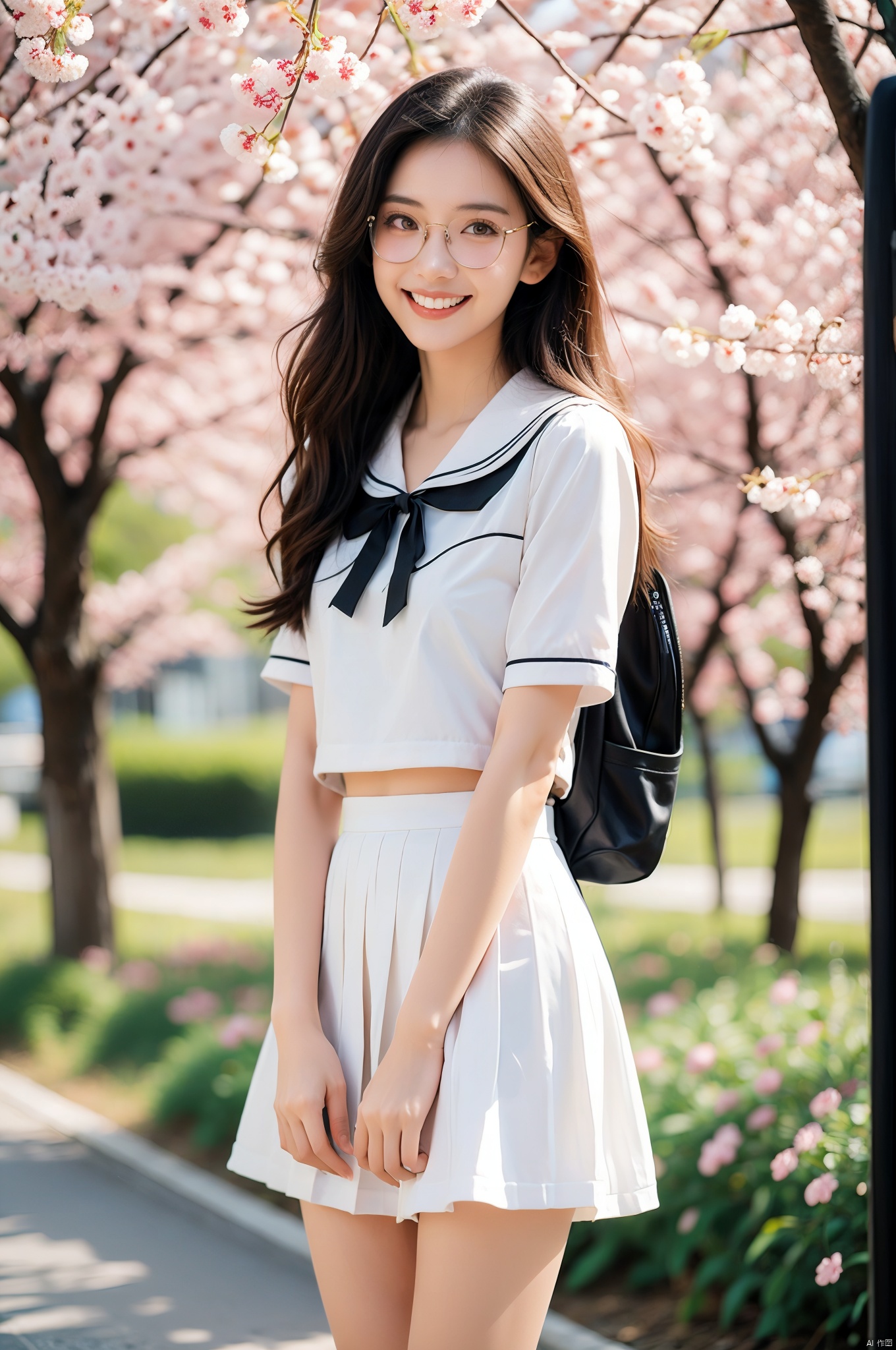 A Japanese schoolgirl wearing a JK uniform with short black hair, glasses, and a backpack, standing on a school road filled with cherry blossoms, surrounded by falling cherry blossom petals, the sunlight shining on her smiling face, looking very cute and youthful, full shot body photo of the most beautiful artwork in the world featuring JK girl with glasses standing in a school road full of cherry blossoms, smiling, youthful, black short hair, white and black uniform, nostalgia, heart professional majestic oil painting by Ed Blinkey, Atey Ghailan, Studio Ghibli, by Jeremy Mann, Greg Manchess, Antonio Moro, trending on ArtStation, trending on CGSociety, Intricate, High Detail, Sharp focus, dramatic, photorealistic painting art by midjourney and greg rutkowski.