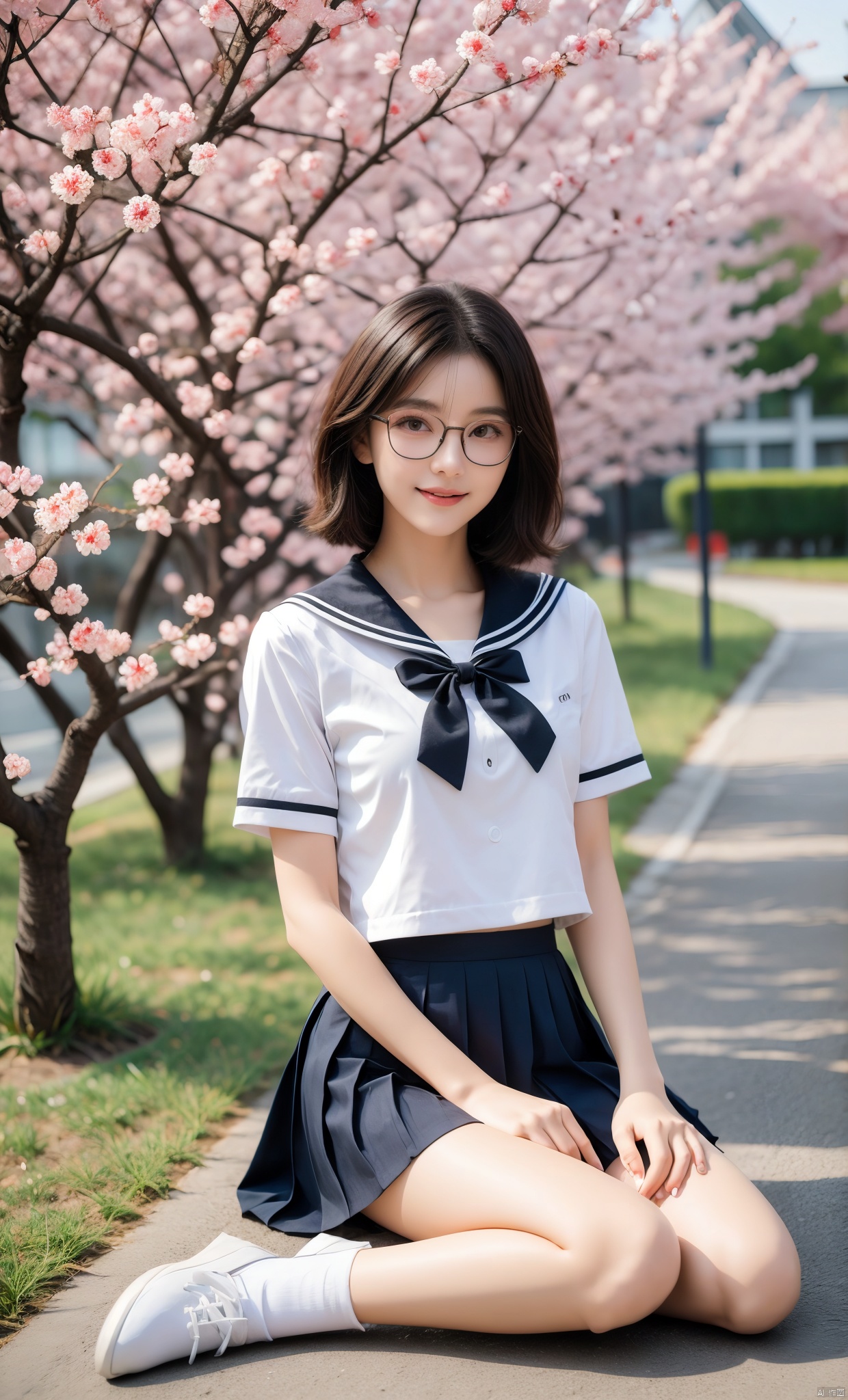 Enhanced, masterpiece, 16K, JK, 1 girl, glasses, short hair, school uniform, skirt, sneakers, body, cherry blossom background, petals falling