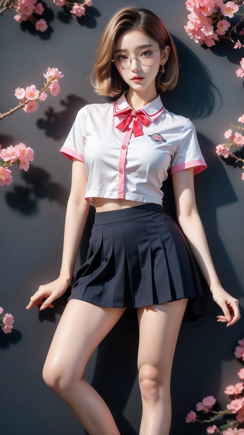 Best Quality, masterpiece, navy blue background, (Pure Blue-16K-1JK, JK, uniform, 1 girl, glasses, blonde short hair, school uniform, pink skirt, sneakers, body, petals falling, cherry blossom background, big breasts, Light master