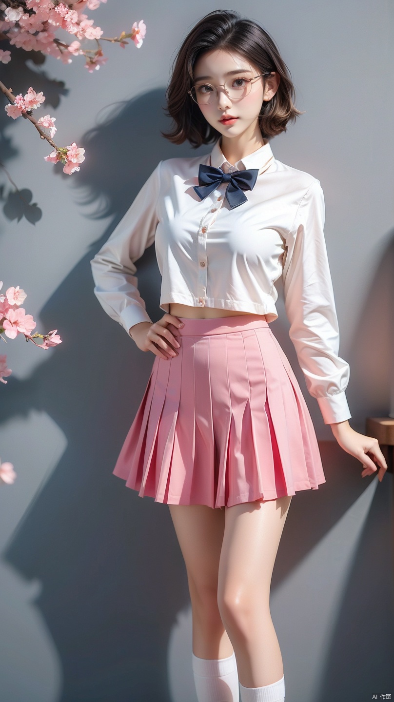 Best Quality, masterpiece, navy blue background, (Pure Blue-16K-1JK, JK, uniform, 1 girl, glasses, blonde short hair, school uniform, pink skirt, sneakers, body, petals falling, cherry blossom background, big breasts