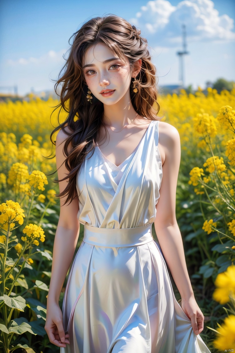 A beautiful woman standing in a blooming rapeseed field, wearing a white top and a red skirt, the skirt fluttering gently. Surrounded by golden rapeseed flowers, with gently rolling hills in the distance, the sky is a deep blue with a few white clouds leisurely drifting by. High-definition photo of the most beautiful artwork in the world featuring a lady in white and red dress standing in a sea of golden rapeseed flowers, smiling, freckles, white outfit, red skirt, nostalgia, sexy, dramatic oil painting by Ed Blinkey, Atey Ghailan, Studio Ghibli, by Jeremy Mann, Greg Manchess, Antonio Moro, trending on ArtStation, trending on CGSociety, Intricate, High Detail, Sharp focus, photorealistic painting art by midjourney and greg rutkowski., Light master,<lora:EMS-302987-EMS:0.600000>,<lora:EMS-260325-EMS:0.200000>,<lora:EMS-57039-EMS:0.200000>,<lora:EMS-276654-EMS:0.200000>,<lora:EMS-93-EMS:0.500000>