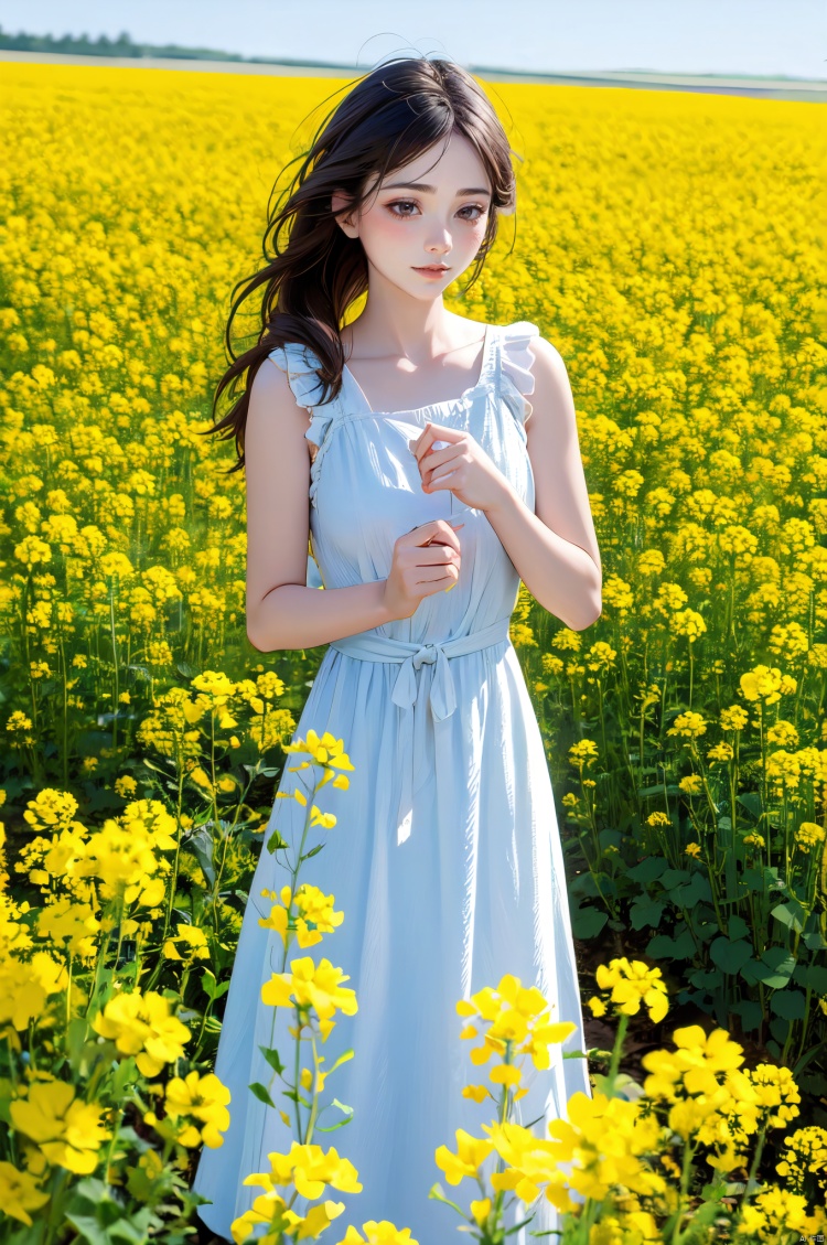  Enhanced, masterpiece, 16K, girl, Solo, Flower Field, rape flower