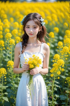 Enhanced, masterpiece, 16K, girl, Solo, Flower Field, rape flower