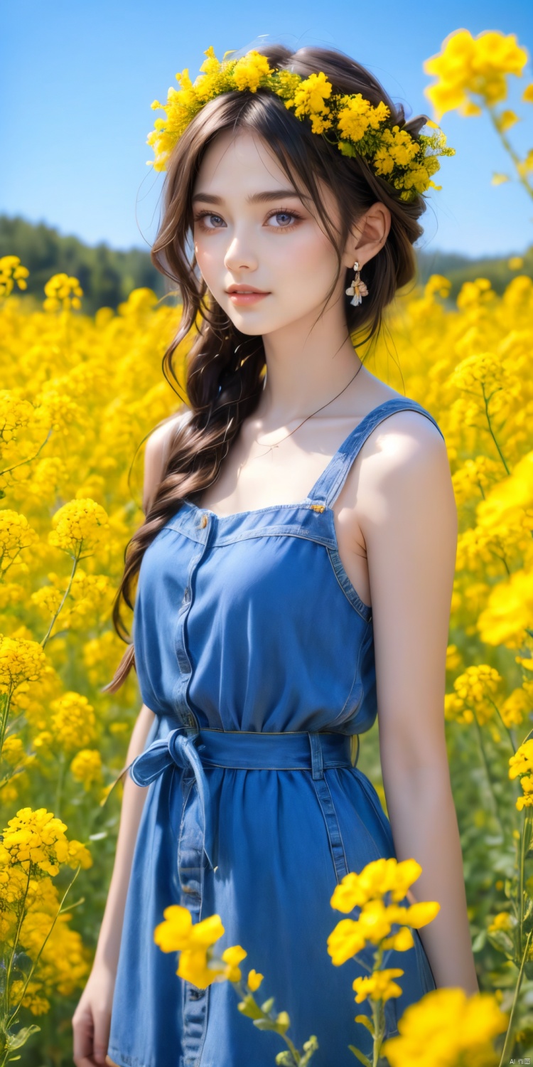 A beautiful young girl taking photos, wearing a delicate flower wreath, surrounded by blooming canola flowers. The background is a simple blend of pure purple and blue, with cinematic lighting that makes the whole scene more vivid and textured. Ultra HD photo of a girl in a flower wreath surrounded by canola flowers, pure purple and blue background, film-level lighting, trending on Unsplash, high quality, sharp focus, vibrant colors, artistic, natural beauty, serene atmosphere, photorealistic image by top photographers, inspired by Pinterest and Instagram.
