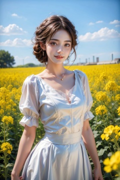 A beautiful woman standing in a blooming rapeseed field, wearing a white top and a red skirt, the skirt fluttering gently. Surrounded by golden rapeseed flowers, with gently rolling hills in the distance, the sky is a deep blue with a few white clouds leisurely drifting by. High-definition photo of the most beautiful artwork in the world featuring a lady in white and red dress standing in a sea of golden rapeseed flowers, smiling, freckles, white outfit, red skirt, nostalgia, sexy, dramatic oil painting by Ed Blinkey, Atey Ghailan, Studio Ghibli, by Jeremy Mann, Greg Manchess, Antonio Moro, trending on ArtStation, trending on CGSociety, Intricate, High Detail, Sharp focus, photorealistic painting art by midjourney and greg rutkowski., Light master,<lora:EMS-93-EMS:0.500000>,<lora:EMS-302987-EMS:0.600000>,<lora:EMS-260325-EMS:0.200000>,<lora:EMS-57039-EMS:0.200000>,<lora:EMS-276654-EMS:0.200000>
