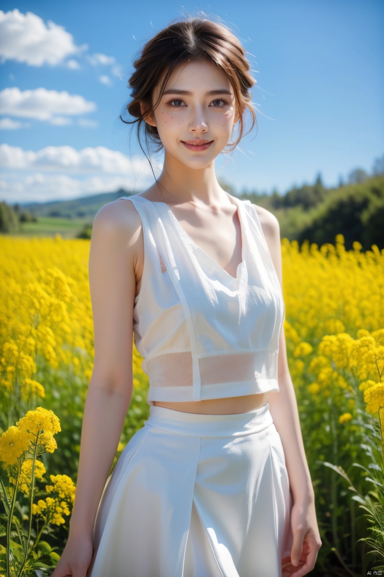 A beautiful woman standing in a blooming rapeseed field, wearing a white top and a red skirt, the skirt fluttering gently. Surrounded by golden rapeseed flowers, with gently rolling hills in the distance, the sky is a deep blue with a few white clouds leisurely drifting by. High-definition photo of the most beautiful artwork in the world featuring a lady in white and red dress standing in a sea of golden rapeseed flowers, smiling, freckles, white outfit, red skirt, nostalgia, sexy, dramatic oil painting by Ed Blinkey, Atey Ghailan, Studio Ghibli, by Jeremy Mann, Greg Manchess, Antonio Moro, trending on ArtStation, trending on CGSociety, Intricate, High Detail, Sharp focus, photorealistic painting art by midjourney and greg rutkowski.,<lora:EMS-260325-EMS:0.200000>,<lora:EMS-57039-EMS:0.200000>,<lora:EMS-302987-EMS:0.600000>