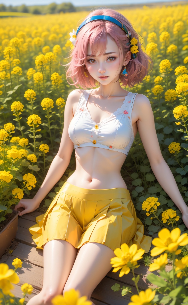 1 girl, (light yellow skirt), multi-colored hair, pink hair, butterfly headband, white motor headset, (rape flower), flower field, flower sea, rape flower field, yellow painting, body, lie down, navel, white transparent skin, soft light from above, masterpiece, best quality, 8k, HDR,<lora:EMS-302987-EMS:0.600000>,<lora:EMS-267525-EMS:0.100000>,<lora:EMS-260325-EMS:0.200000>