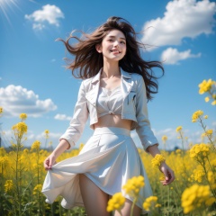 A beautiful woman is standing in a field full of rape flowers. She is wearing a white coat and a red skirt. Her skirt fluttered in the breeze like a throbbing note, in sharp contrast to the yellow rape flowers around her. Her hair was blown gently by the wind, her face was filled with a happy smile, Blue Sky White Clouds.,<lora:EMS-302987-EMS:0.600000>,<lora:EMS-260325-EMS:0.200000>,<lora:EMS-57039-EMS:0.200000>,<lora:EMS-276654-EMS:0.200000>,<lora:EMS-93-EMS:0.500000>