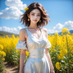 A beautiful woman standing in a blooming rapeseed field, wearing a white top and a red skirt, the skirt fluttering gently. Surrounded by golden rapeseed flowers, with gently rolling hills in the distance, the sky is a deep blue with a few white clouds leisurely drifting by. High-definition photo of the most beautiful artwork in the world featuring a lady in white and red dress standing in a sea of golden rapeseed flowers, smiling, freckles, white outfit, red skirt, nostalgia, sexy, dramatic oil painting by Ed Blinkey, Atey Ghailan, Studio Ghibli, by Jeremy Mann, Greg Manchess, Antonio Moro, trending on ArtStation, trending on CGSociety, Intricate, High Detail, Sharp focus, photorealistic painting art by midjourney and greg rutkowski., Light master,<lora:EMS-276654-EMS:0.200000>,<lora:EMS-93-EMS:0.500000>,<lora:EMS-302987-EMS:0.600000>,<lora:EMS-260325-EMS:0.200000>,<lora:EMS-57039-EMS:0.200000>