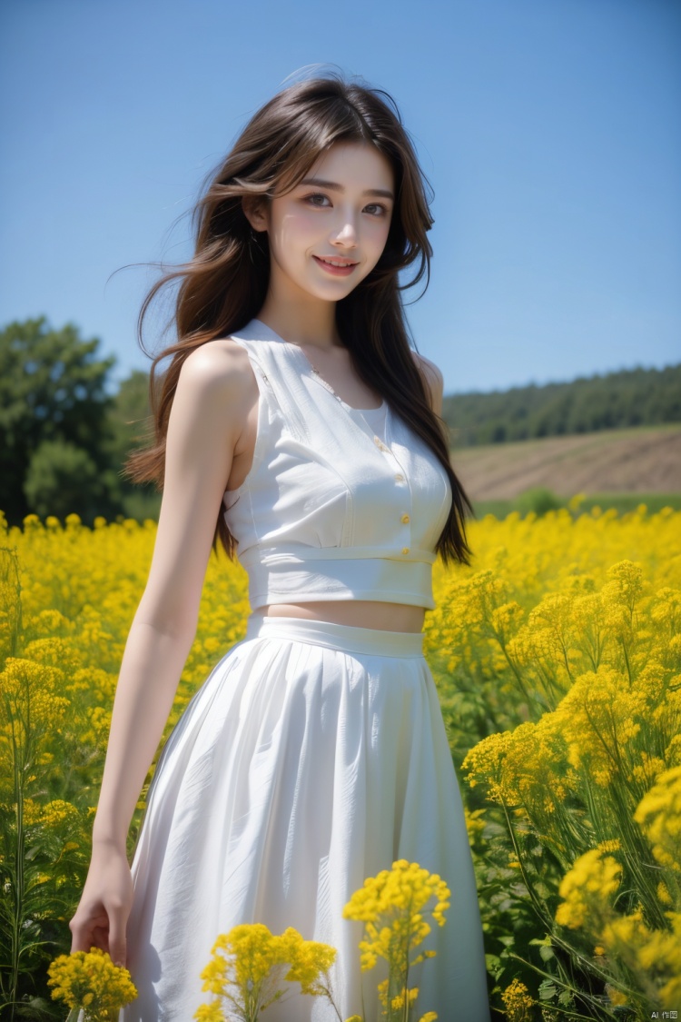 A beautiful woman standing in a blooming rapeseed field, wearing a white top and a red skirt, the skirt fluttering gently. Surrounded by golden rapeseed flowers, with gently rolling hills in the distance, the sky is a deep blue with a few white clouds leisurely drifting by. High-definition photo of the most beautiful artwork in the world featuring a lady in white and red dress standing in a sea of golden rapeseed flowers, smiling, freckles, white outfit, red skirt, nostalgia, sexy, dramatic oil painting by Ed Blinkey, Atey Ghailan, Studio Ghibli, by Jeremy Mann, Greg Manchess, Antonio Moro, trending on ArtStation, trending on CGSociety, Intricate, High Detail, Sharp focus, photorealistic painting art by midjourney and greg rutkowski.,<lora:EMS-302987-EMS:0.600000>,<lora:EMS-260325-EMS:0.200000>,<lora:EMS-57039-EMS:0.200000>
