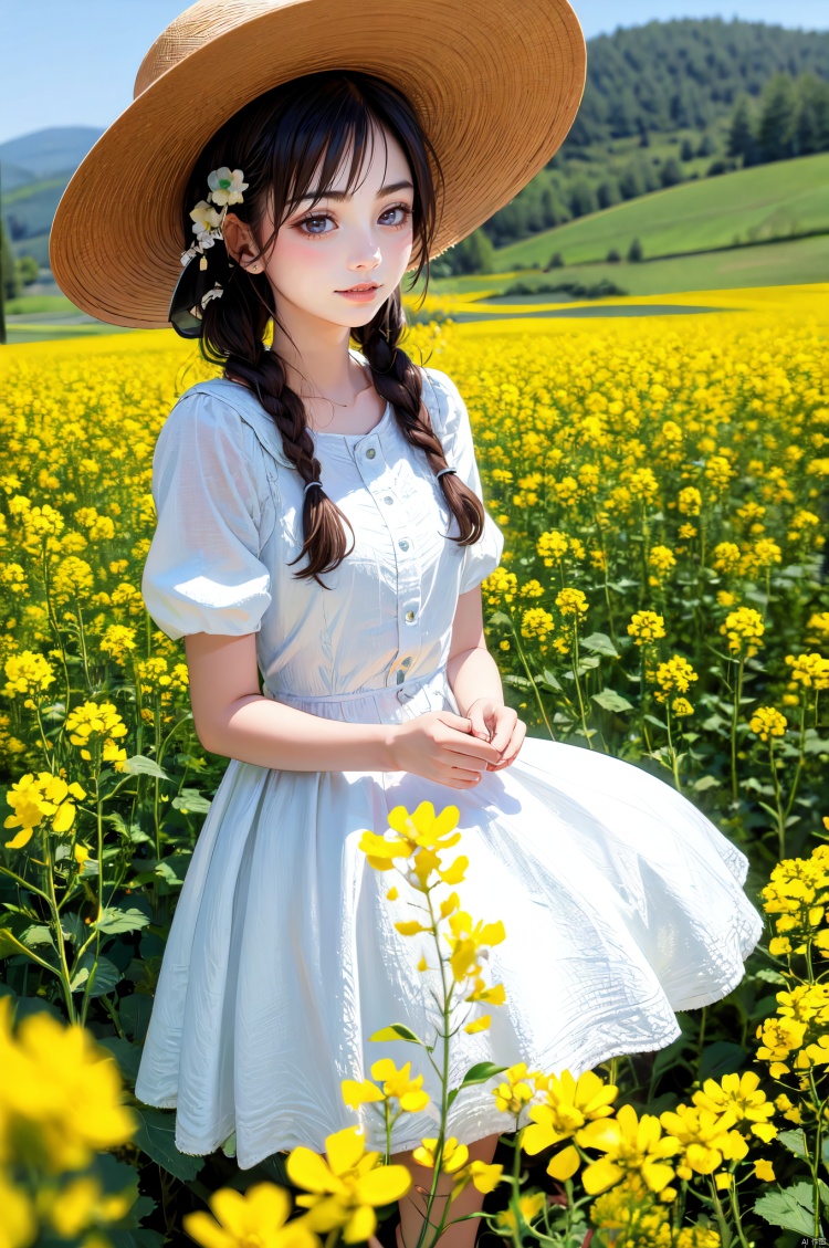  Enhanced, masterpiece, 16K, girl, Solo, Flower Field, rape flower