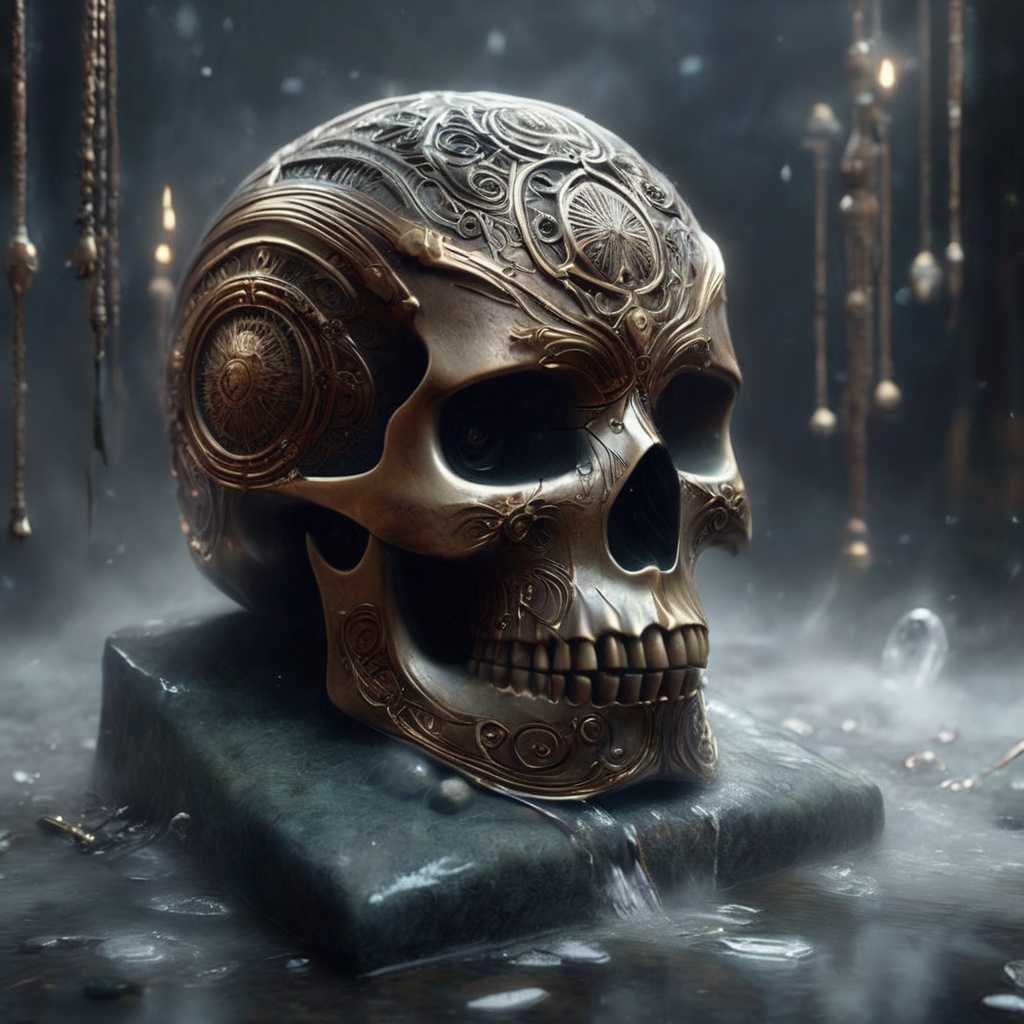 Generate hyper realistic image of a haunting skull relic adorned with intricate carvings. This ancient artifact,  discover...