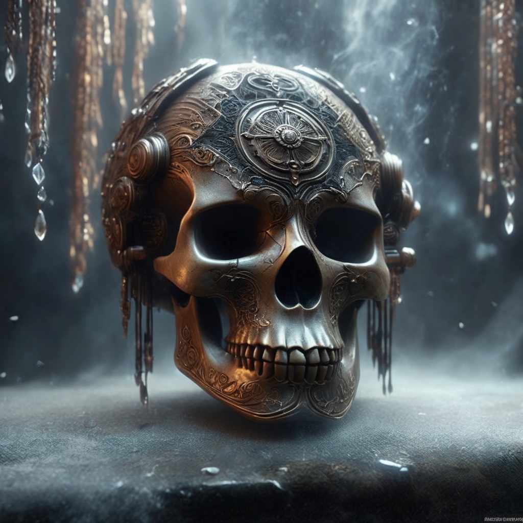 Generate hyper realistic image of a haunting skull relic adorned with intricate carvings. This ancient artifact,  discover...