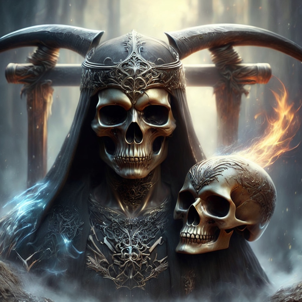 Generate hyper realistic image of the Grim Reaper,  a timeless figure cloaked in darkness. His presence is marked by a sku...