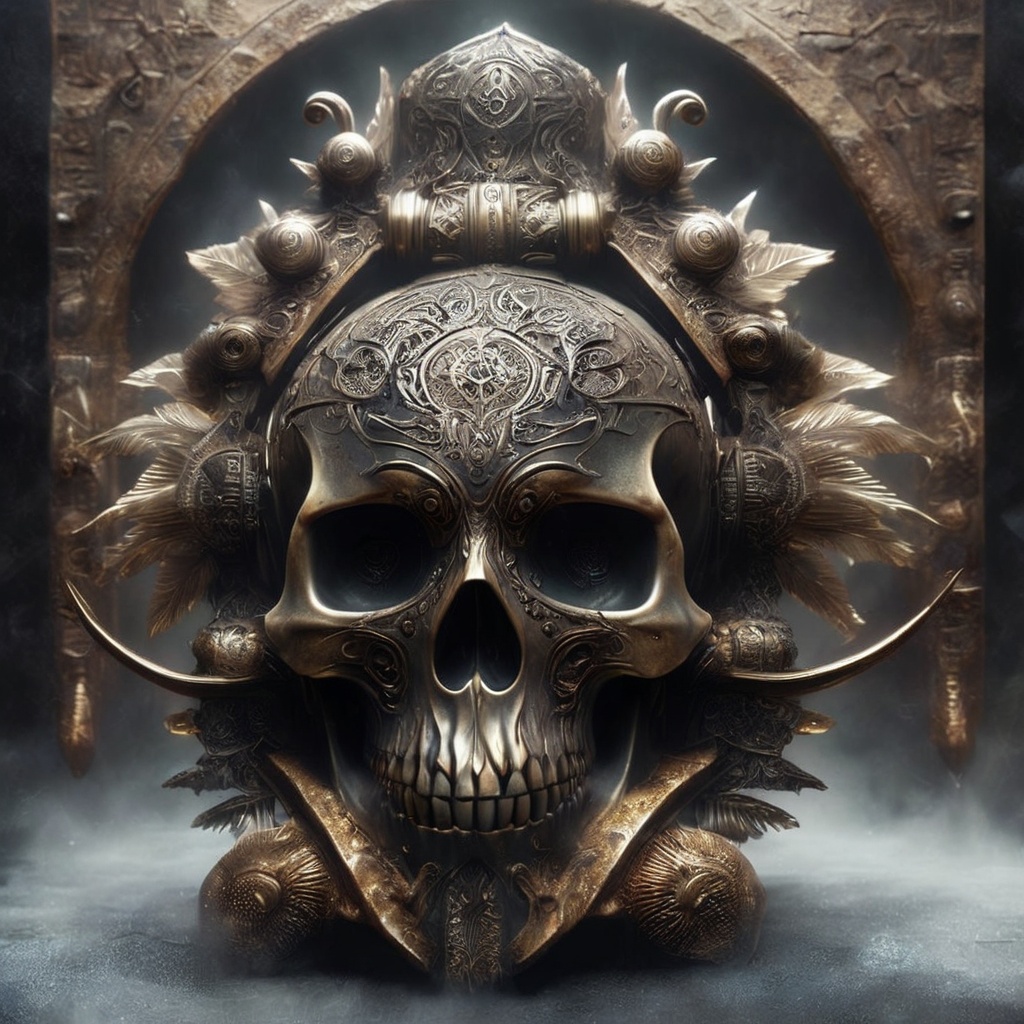 Generate hyper realistic image of a haunting skull relic adorned with intricate carvings. This ancient artifact,  discover...