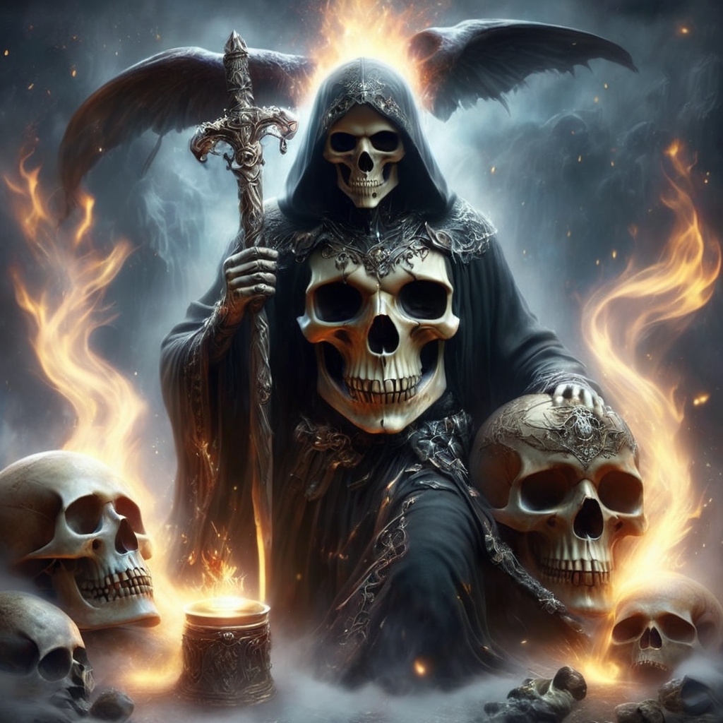 Generate hyper realistic image of the Grim Reaper,  a timeless figure cloaked in darkness. His presence is marked by a sku...
