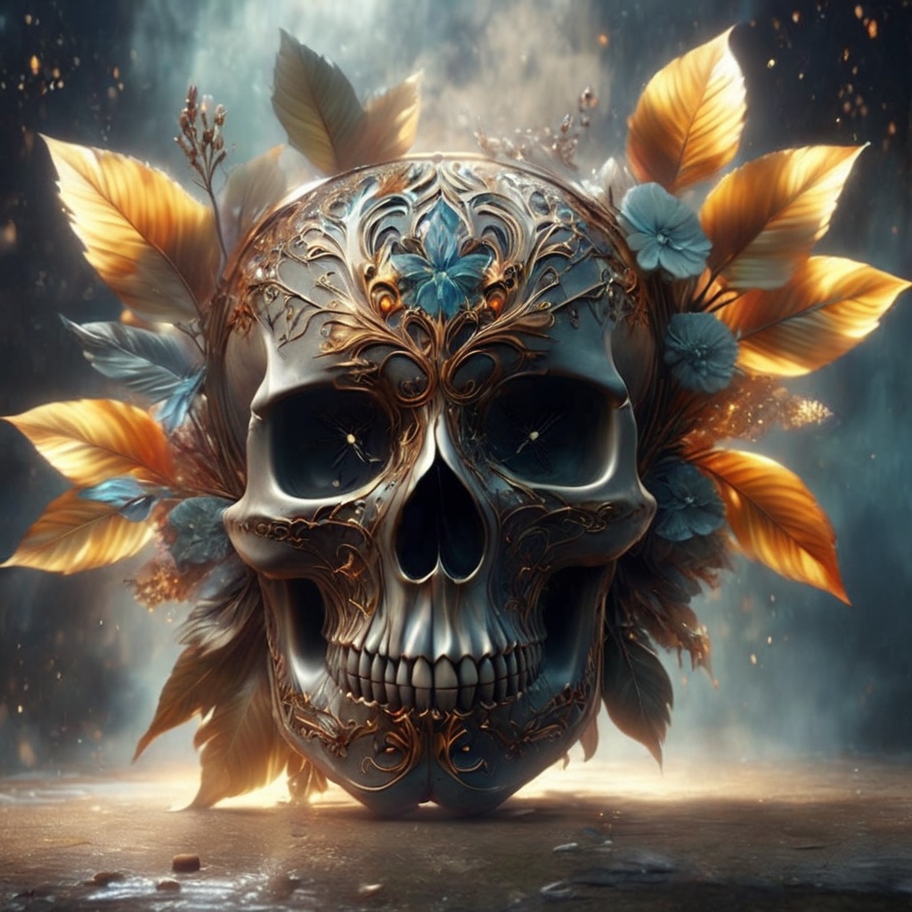 Generate hyper realistic image of a skull emerging from the damp earth,  its hollow sockets filled with a delicate tapestr...