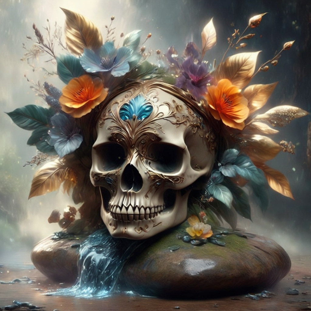 Generate hyper realistic image of a skull emerging from the damp earth,  its hollow sockets filled with a delicate tapestr...