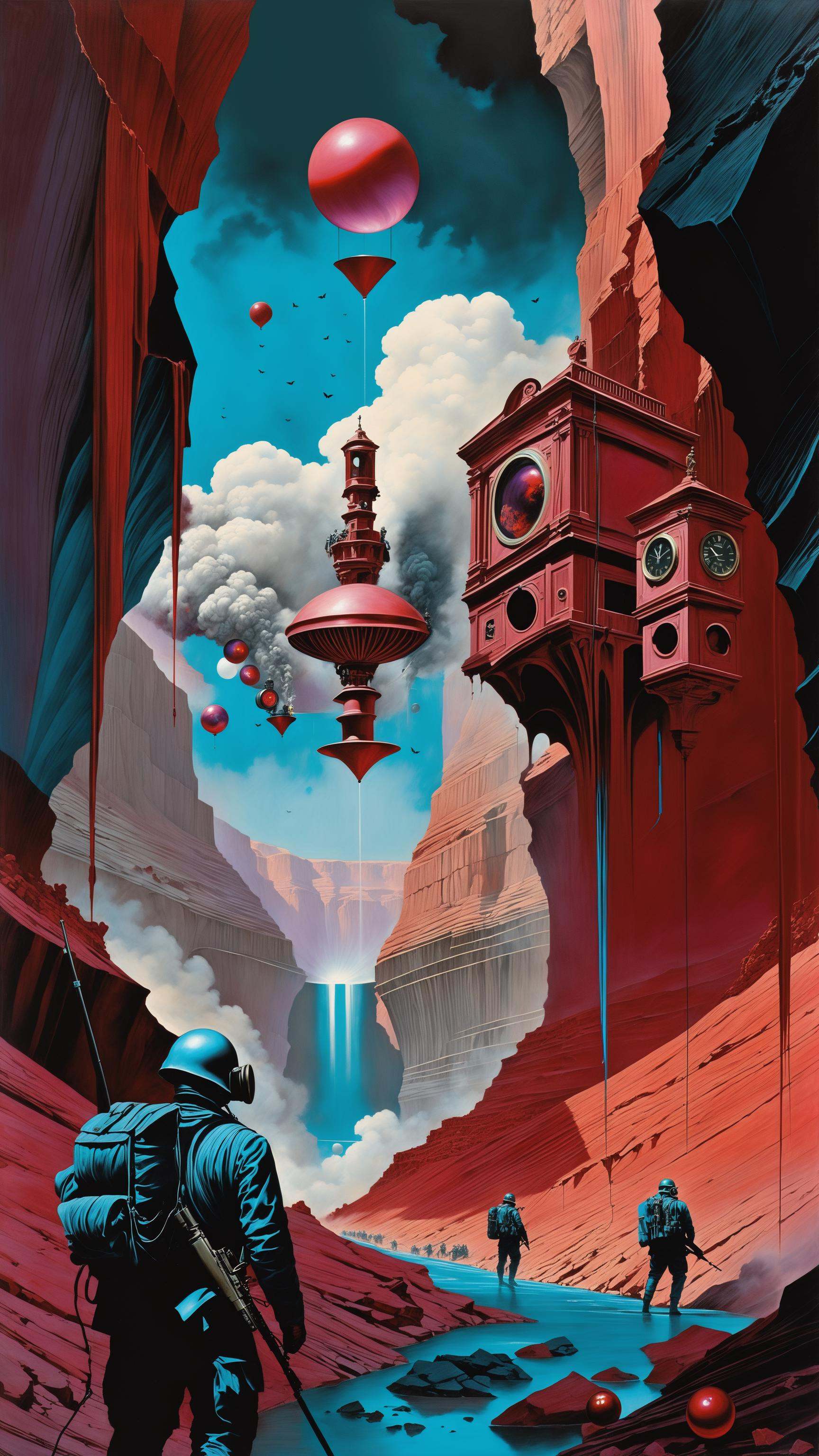a rft17 is moving in a gigantic canyon surrounded by dead titans,  war zone,  explosions on Tensor.Art