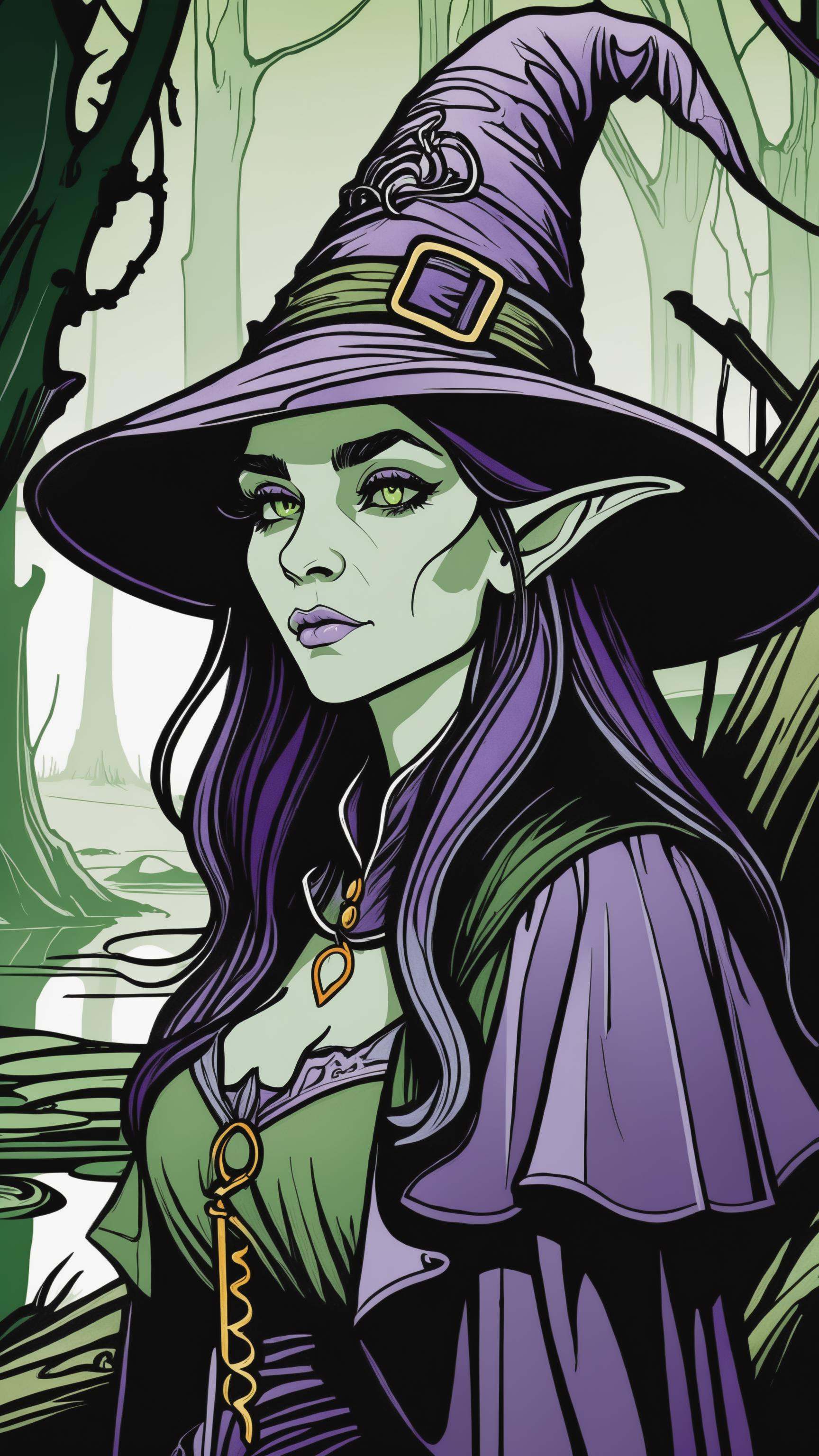 young,  1girl,  portrait female elf witch in a decaying swamp on Tensor.Art