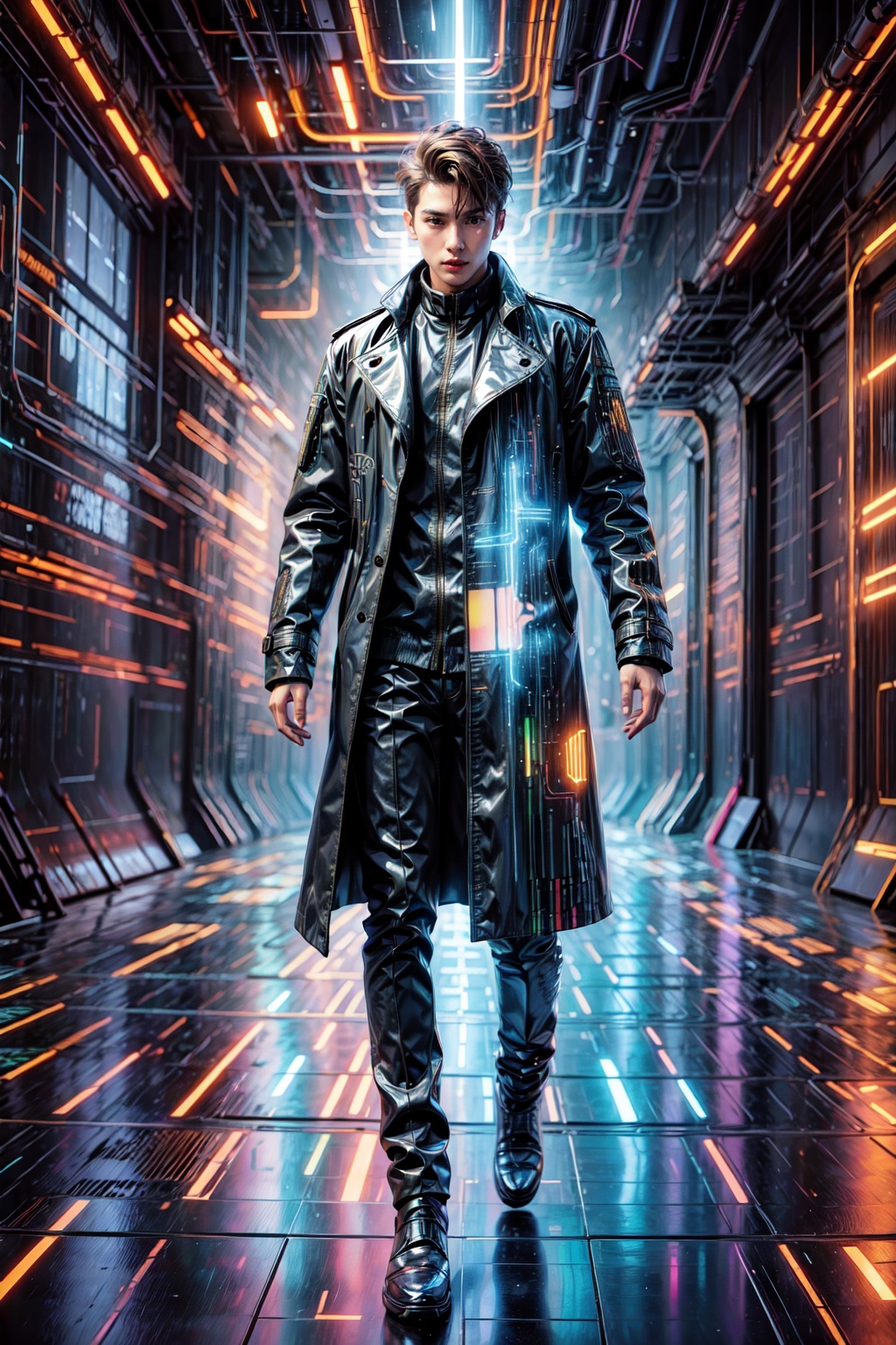 1boy,  wearing a high-tech trench mecha,  standing on Tensor.Art