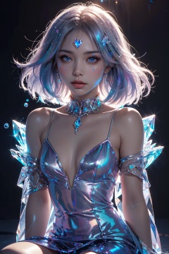  (bubble:1.5),masterpiece,best quality,masterpiece,best quality,official art,extremely detailed CG unity 16k wallpaper,masterpiece,thigh,((1girl)),(science fiction:1.1),(ultra-detailed crystallization:1.5),(crystallizing girl:1.5),kaleidoscope,((iridescent:1.5) long hair),(glittering silver eyes),sitting,surrounded by colorful crystals,blue skin,(skin fusion with crystal:1.8),looking up,face focus,simple dress,transparent crystals,flat dark background,lens flare,prism, 1 girl