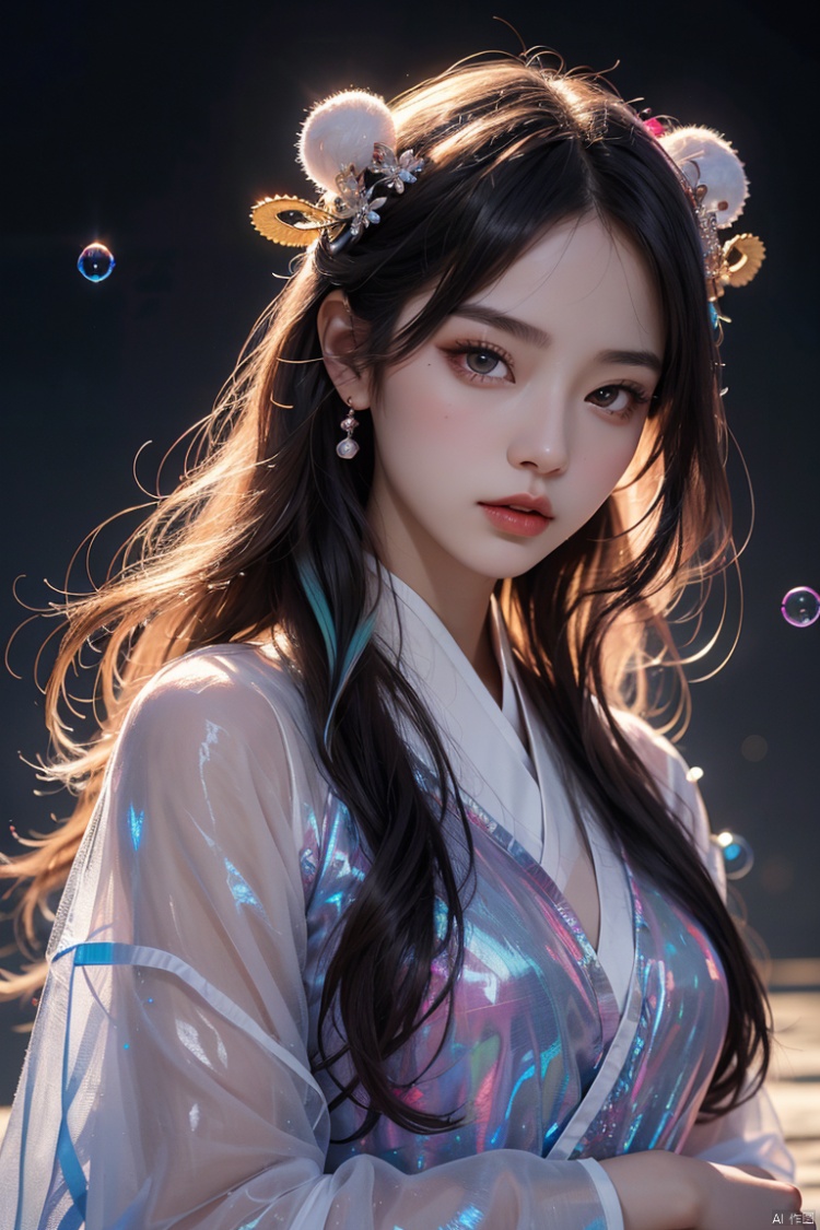  official art,beautiful and aesthetic,1girl,long hair,beautiful face,detailed eyes,colorful,jewelry,night,(realistic:1.5),extreme detailed,(fractal art:1.3),witch, Light master, (\meng ze\),bubble, yue , hair ornament , hanfu, hologram girl