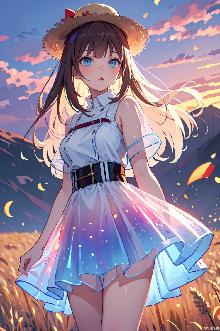  (((high detail))), best quality, 1girl,full frame, working in the golden wheat field, straw hat,dark brown long flowing hair blowing in the wind, mountains in the far background, sunset, xuer hologram Laser dress, hologram girl