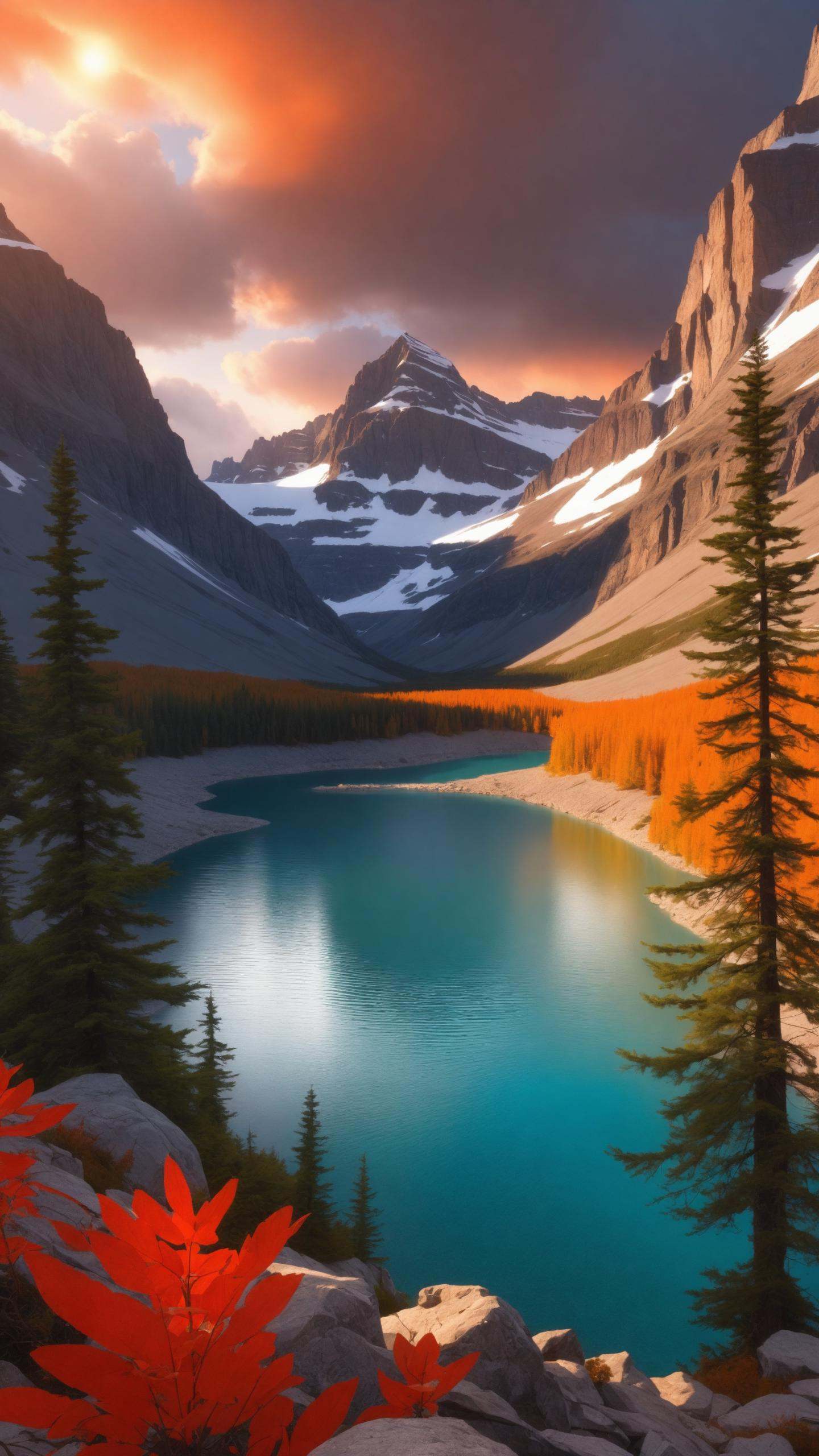 photography,  a view of a lake with mountains in the background,  red eerie sky on Tensor.Art