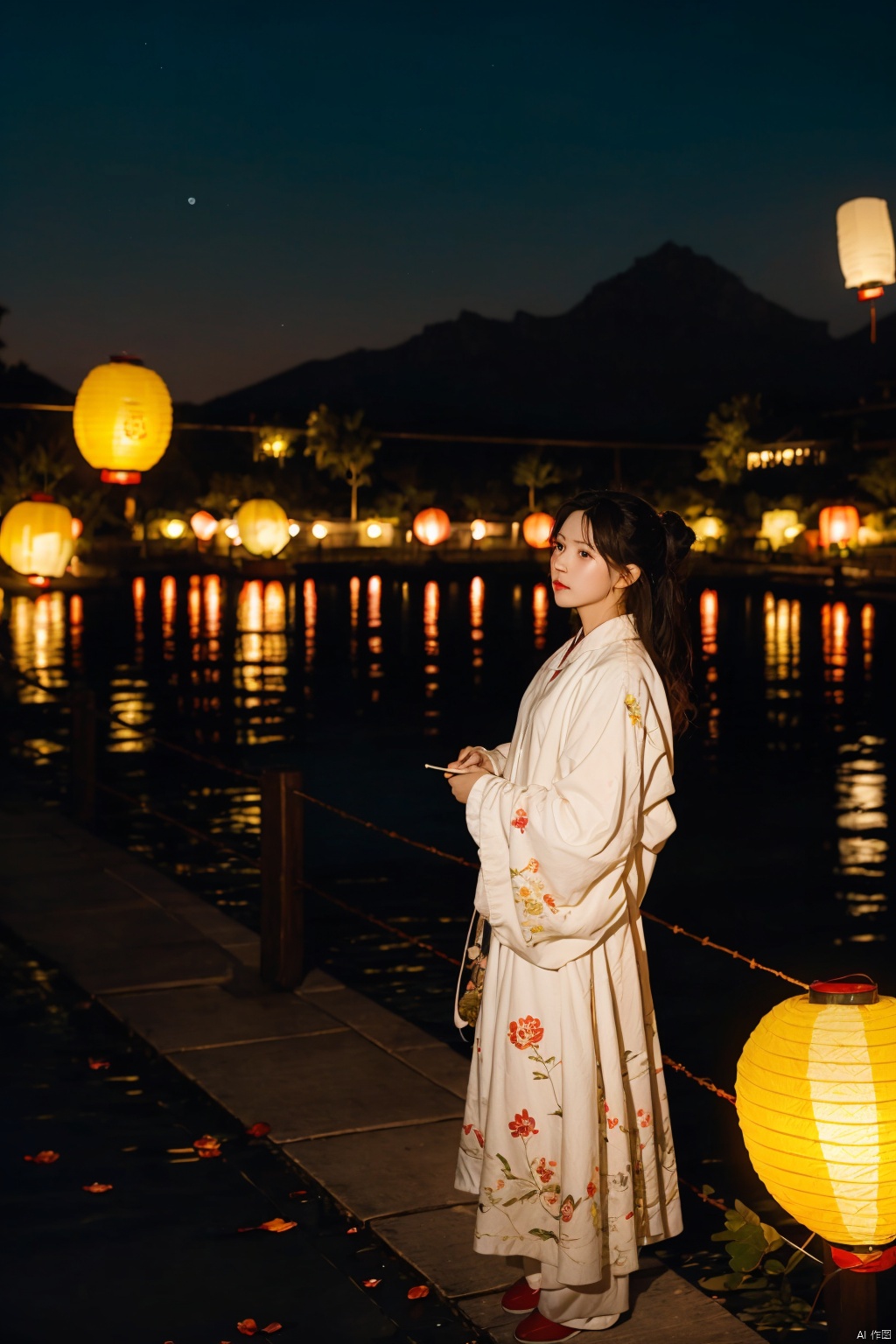 absurdres,absurdres,realistic,(full_shot:1.8), solo,1girl, watching lanterns