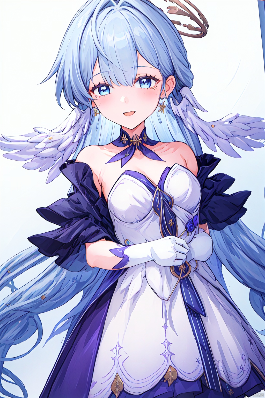 1girl,(masterpiece:1.3),( beautiful:1.2),(high quality:1.2),(finely detailed:1.2),extremely detailed CG unity 8k wallpaper,best quality,a very delicate and beautiful,perfect fingers,(one cute girl at the center:1.2),simple_background,white background, 
robinSR,bangs,blue eyes,dress,bow,hair between eyes,bare shoulders,jewelry,medium breasts,blue hair,earrings,wings,strapless,halo,hair intakes,head wings,strapless dress