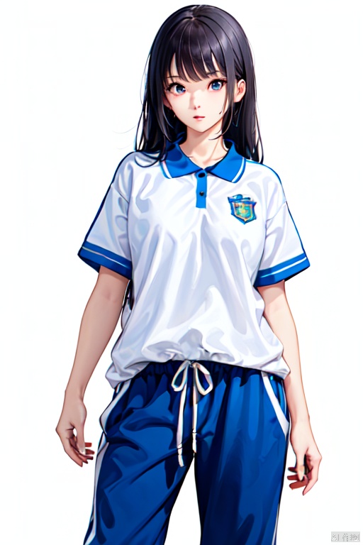  1girl, solo, standing, long black hair, blue pants, cowboy_shot, white_background, CHN_school_uniform ,chinese_school_uniform