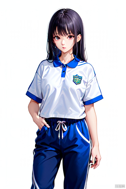  1girl, solo, standing, long black hair, blue pants, cowboy_shot, white_background, CHN_school_uniform ,chinese_school_uniform