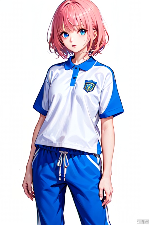  1girl, solo, standing, short pink hair, blue pants, cowboy_shot, white_background, CHN_school_uniform ,chinese_school_uniform