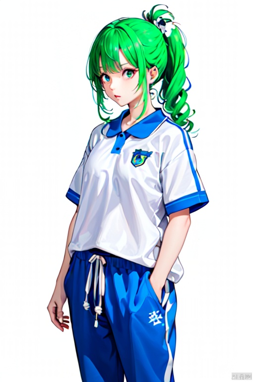  1girl, solo, standing, long green hair, blue pants, cowboy_shot, white_background, CHN_school_uniform ,chinese_school_uniform
