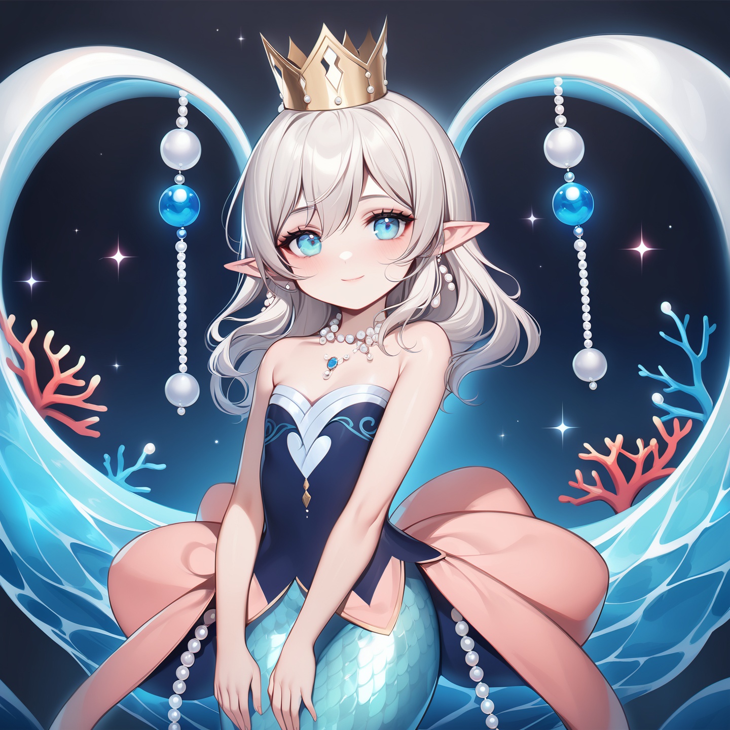 <lora:Artist - Sakimichan:1>,Artist - Sakimichan,She has waist-length silver-white hair, and wears a crown made of pearls and coral on top of her head, as well as pearl earrings in her ears.Her eyes are pale blue, her eyes are gentle and intelligent, and she always has a quiet smile on her face.She is petite and slim, and wears an altered kimono with low-cut tights in salmon pink and navy blue, with many pearl and coral embellishments on the dress, and an overall look similar to that of a mermaid